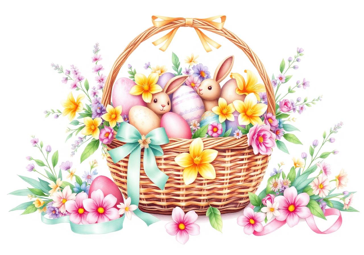 Pastel Easter basket with bunny, flowers, and decorated eggs