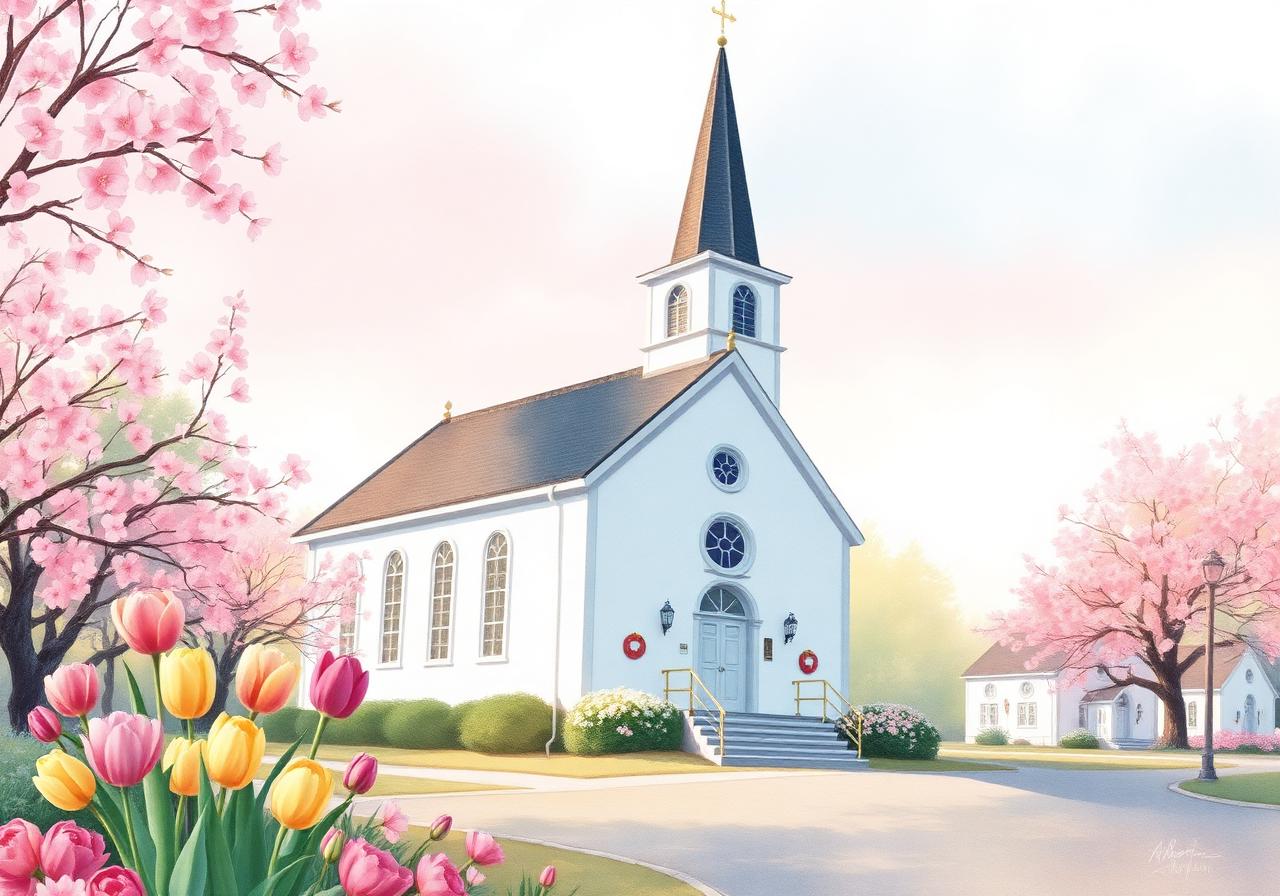 A small white church with steeple, tulips, and cherry blossoms