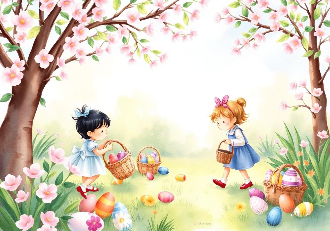 Children with baskets hunting eggs in a sunny garden