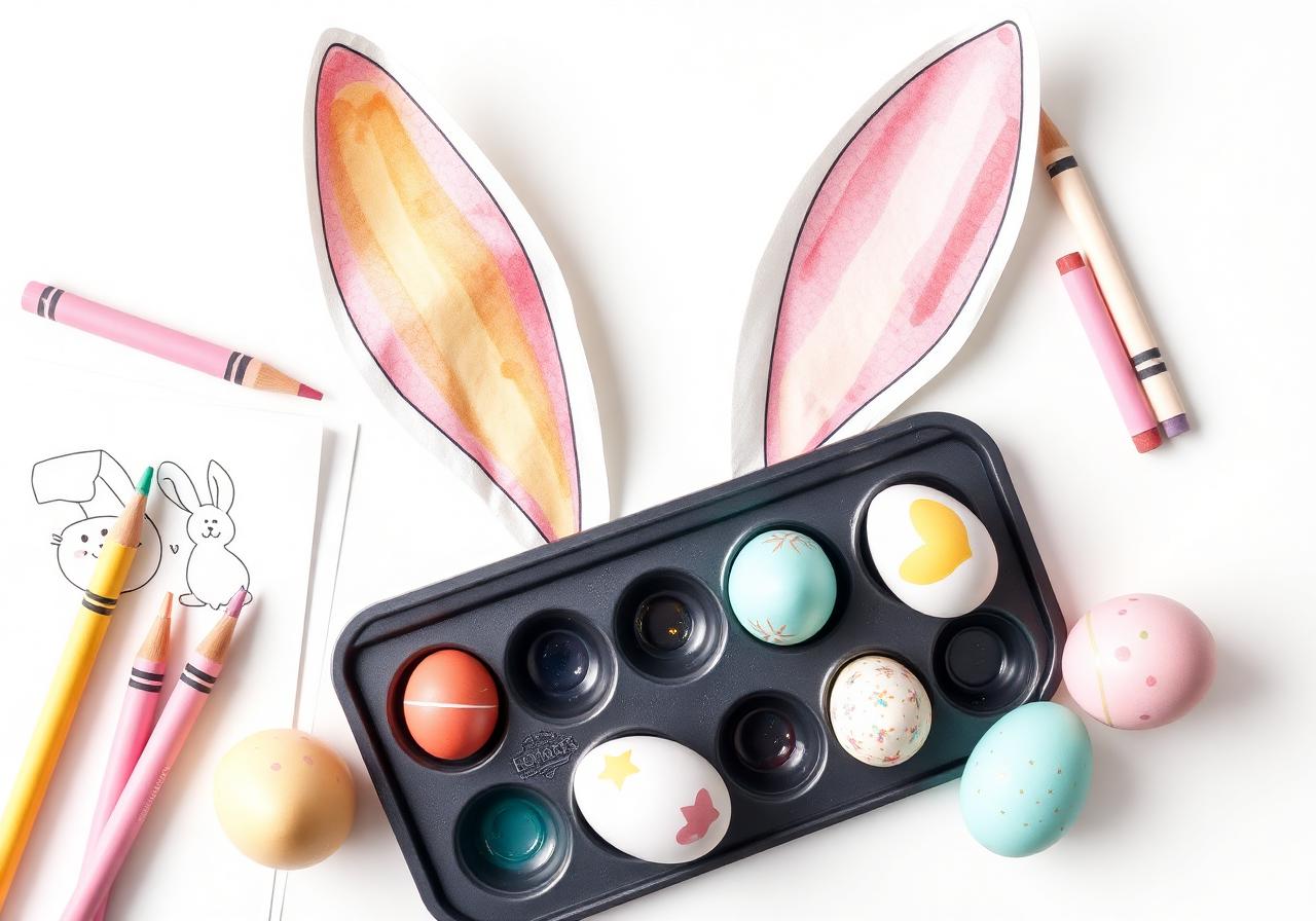 Kids craft supplies with bunny ears, crayons, and decorated eggs