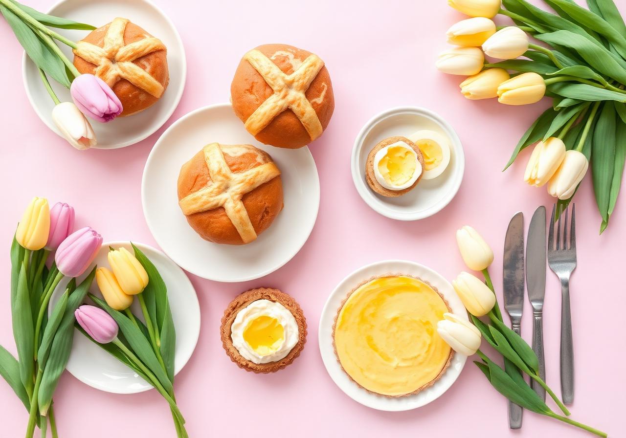 Spring brunch table with pastries and tulips