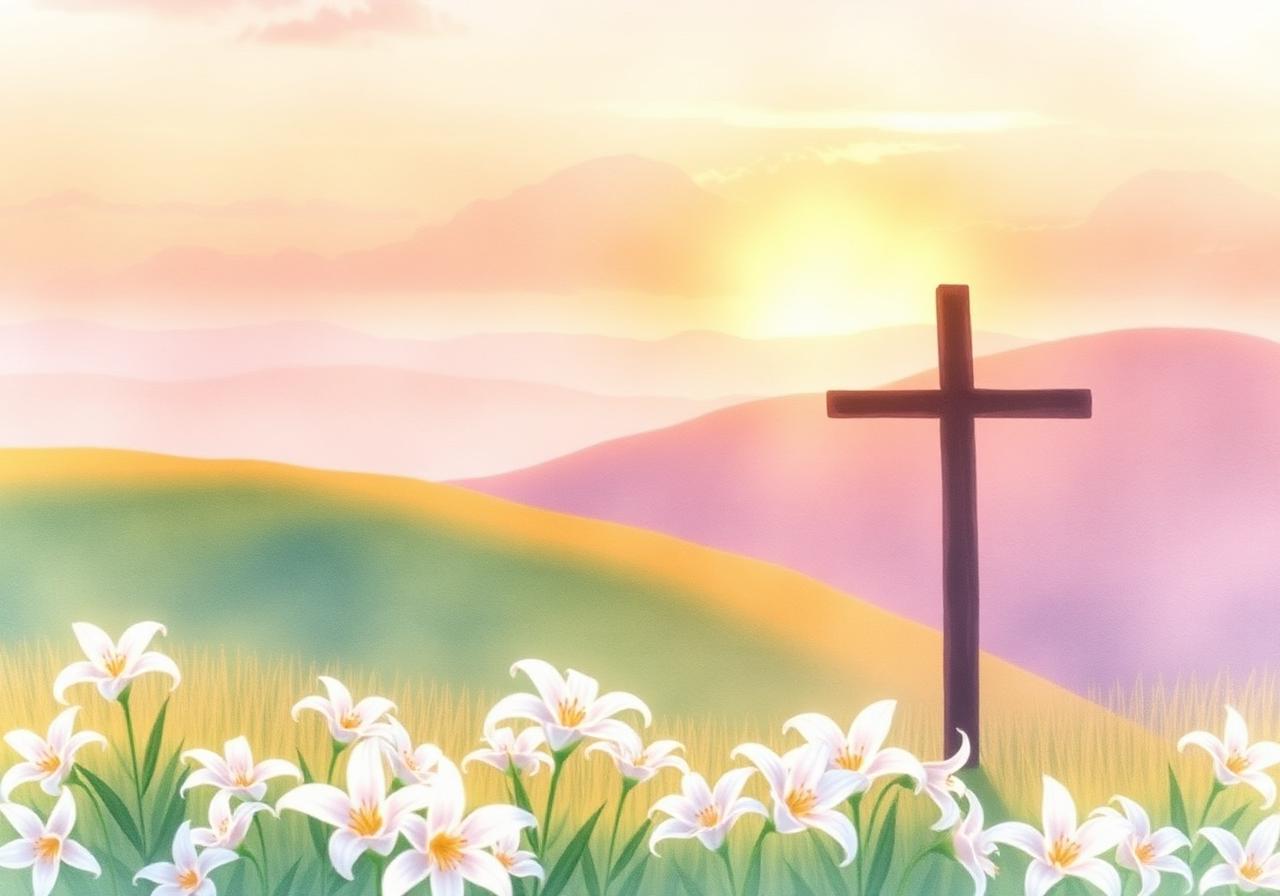 Sunrise over hills with a cross and lilies